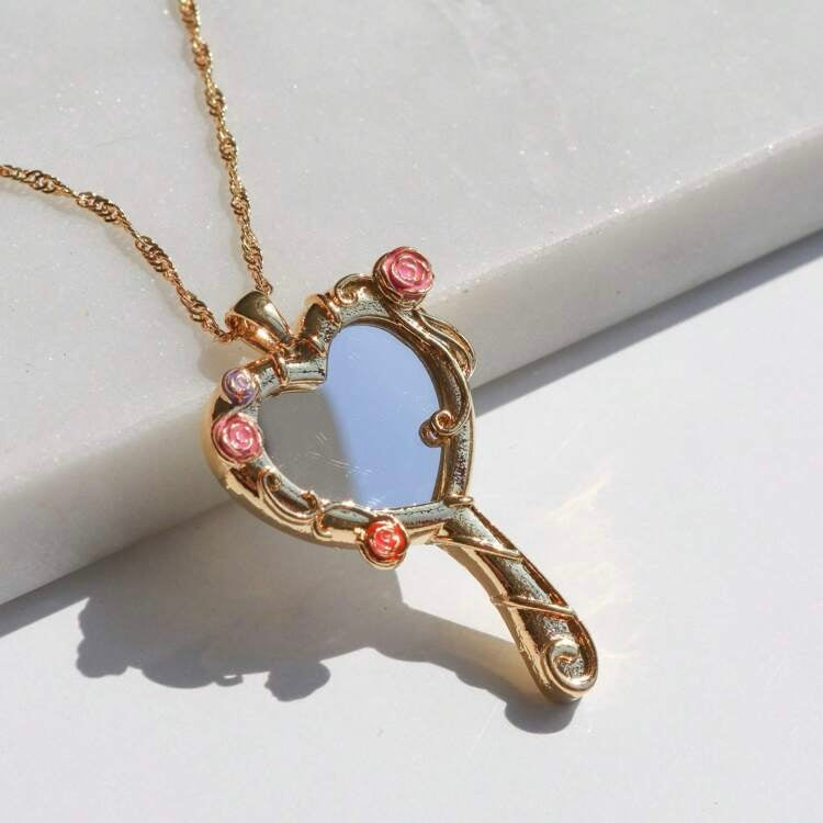 Handheld Heart Mirror Pendant Necklace