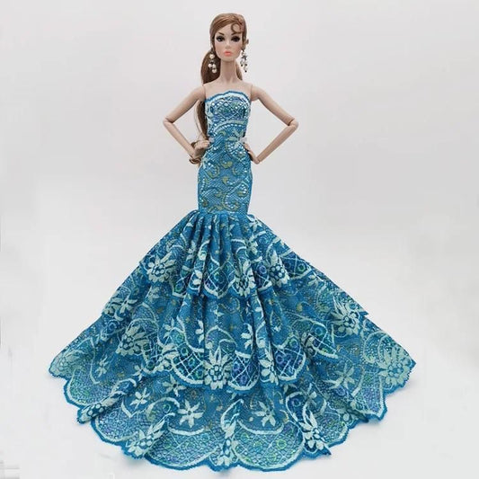 Lace Mermaid Ball Gown Dress for 12" Fashion Dolls - Teal Blue