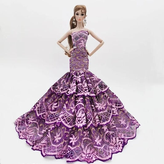 Lace Mermaid Ball Gown Dress for 12" Fashion Dolls - Purple