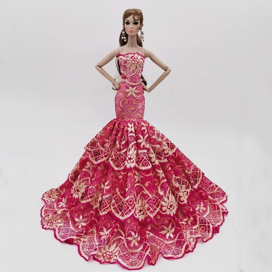 Lace Mermaid Ball Gown Dress for 12" Fashion Dolls - Hot Pink