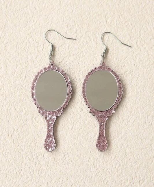 Pink Glitter Handheld Mirror Earrings