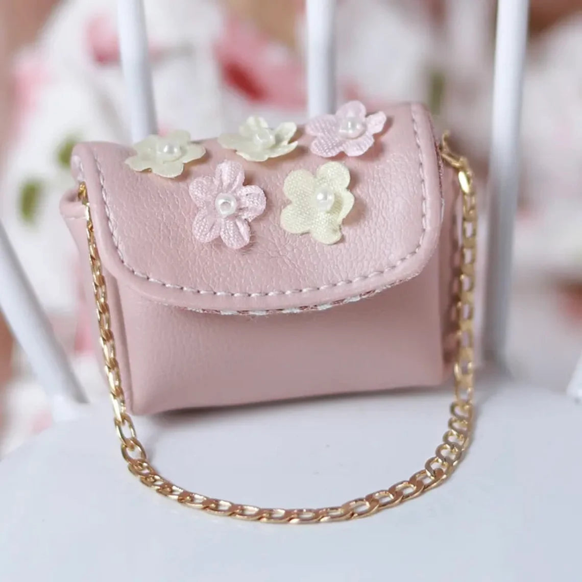 Pink Faux Leather with Beaded Flowers Purse